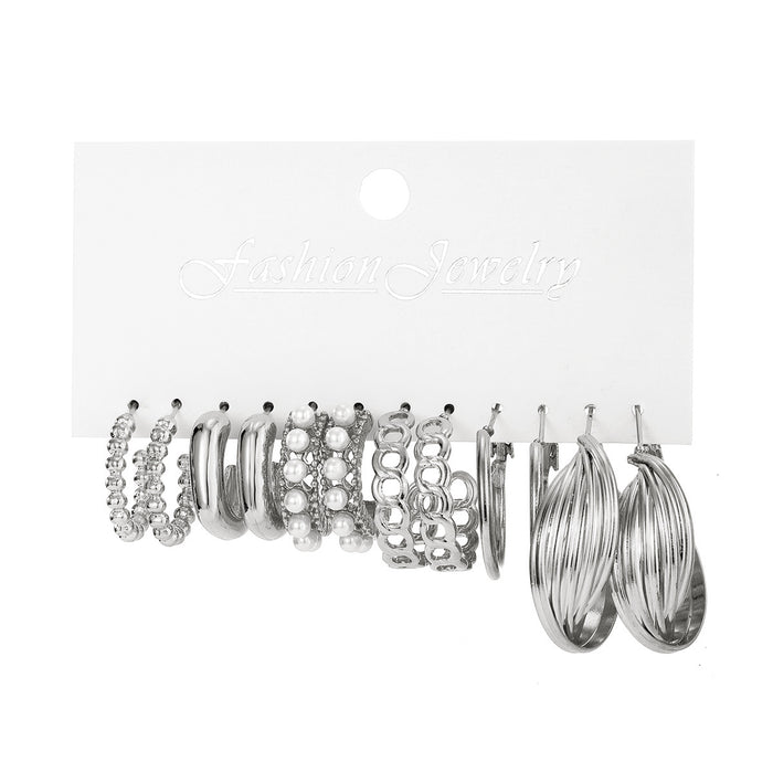 Wholesale 6-piece geometric pearl and diamond statement earring set