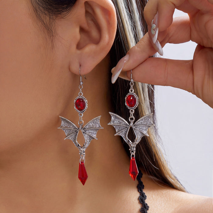 Wholesale Gothic Bat Wing Necklace and Earring Set Black Red Rhinestone Vintage Metal Chain
