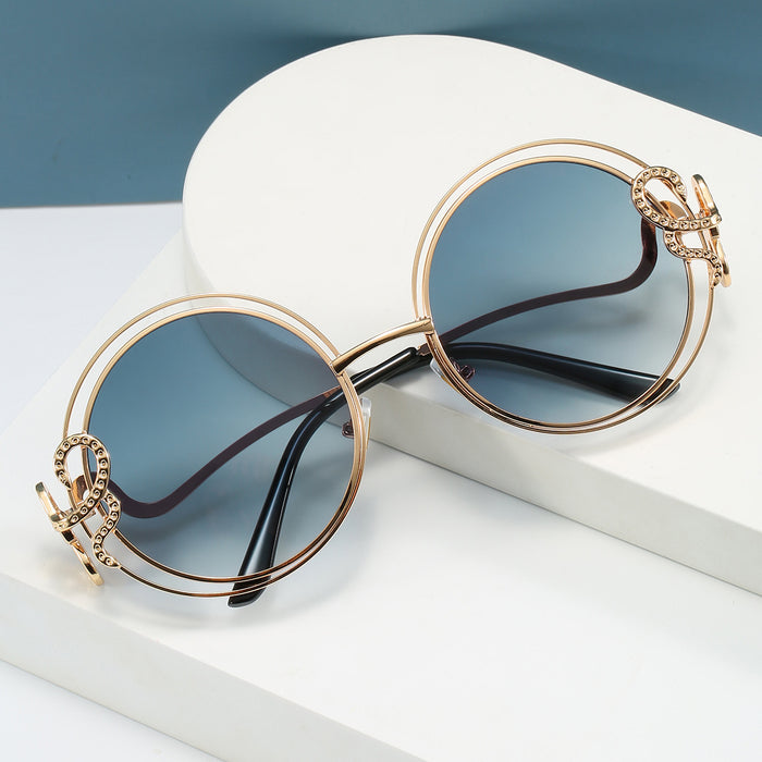 Wholesale Hollow Ocean Piece Color Round Frame Sunglasses Metal Double Loop Retro Sunglasses