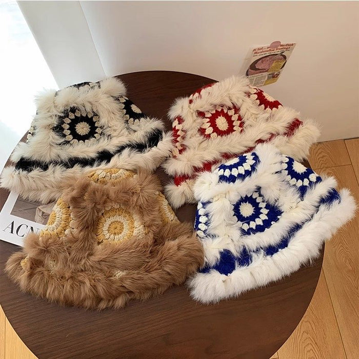 Wholesale Rabbit hair knitted plush hat for women in autumn and winter, new furry lion awakening fisherman hat, face enhancing small woolen hat