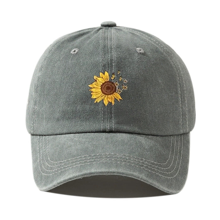 Wholesale Washed denim cotton baseball cap, casual versatile printed flower hat, sun shading duckbill cap