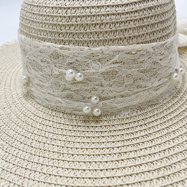 Wholesale Pearl Bow Raw Edge Straw Hat Summer Breathable Lace Streamer Straw Hat