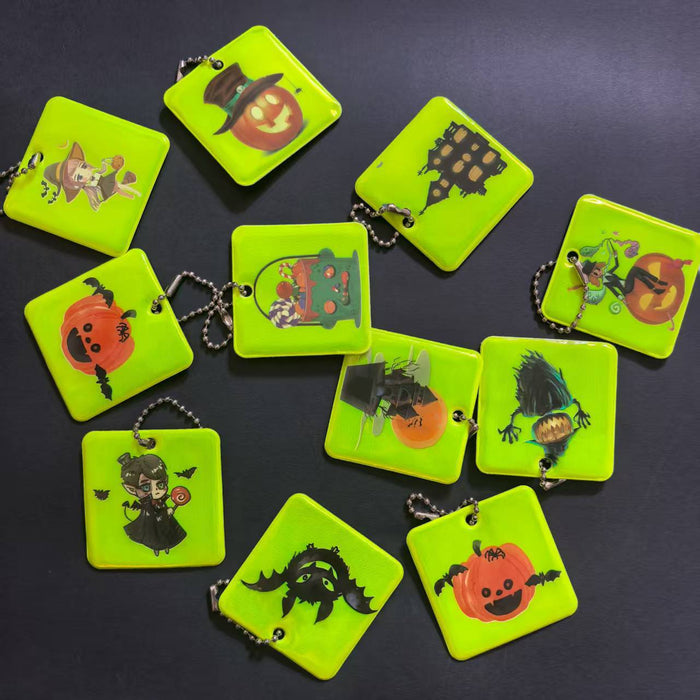 Wholesale  Reflective Square Chain Keychain With PVC Pumpkin Lantern Bat Witch Charms Decorative Car Key Accessory Gift