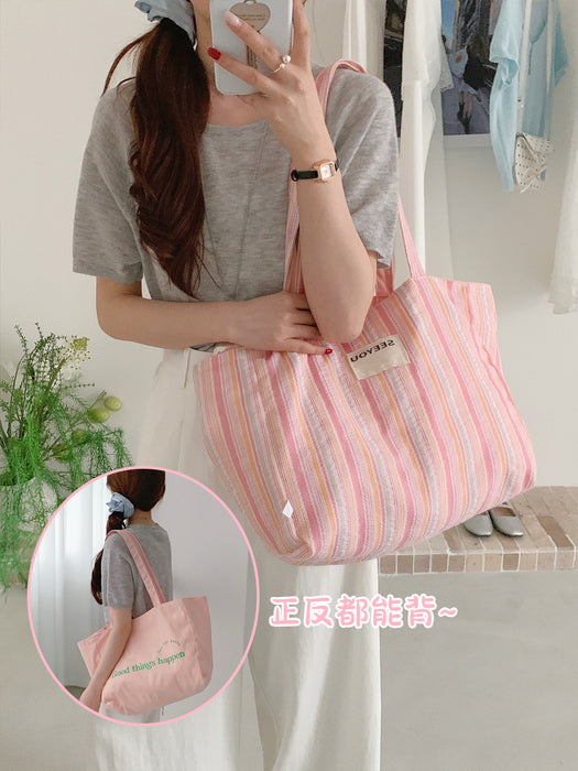 Wholesale New tote bag with striped contrasting double-sided bag, large capacity canvas bag for class commuting