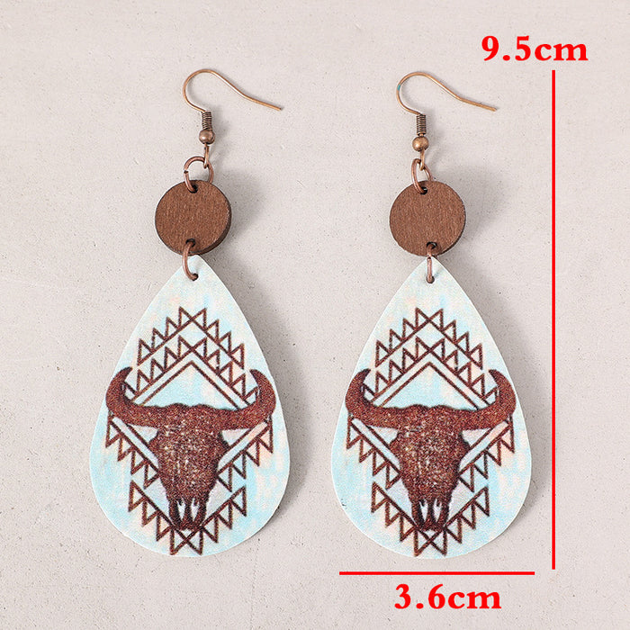 Wholesale Leather Earrings Retro Cow Print Water Drop Splicing