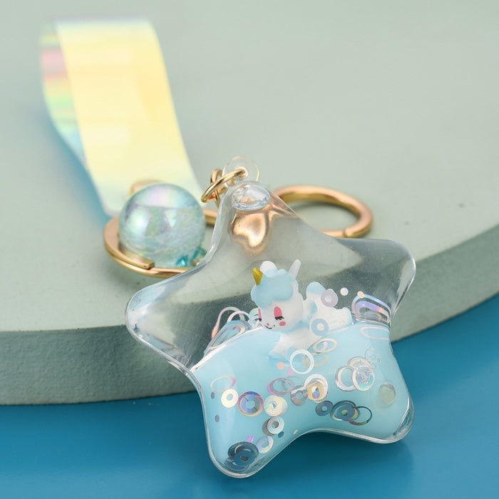 Wholesale Acrylic Oil Filled Five-pointed Star Unicorn Keychain JDC-KC-WoA045