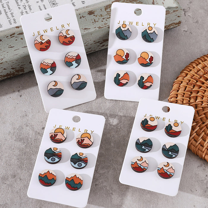 Wholesale Bohemian Abstract Sun Mountains Rivers Simple Scenery Earrings Set Wooden Earrings Gift