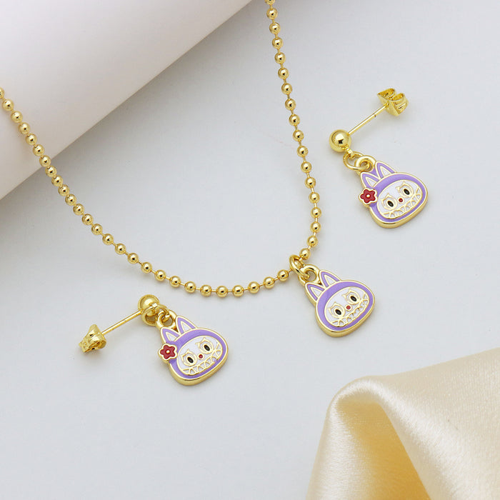 Wholesale Cartoon Pendant Necklace Ball Chain Brass Oil Drop Cute Earrings Lucky Cat Set