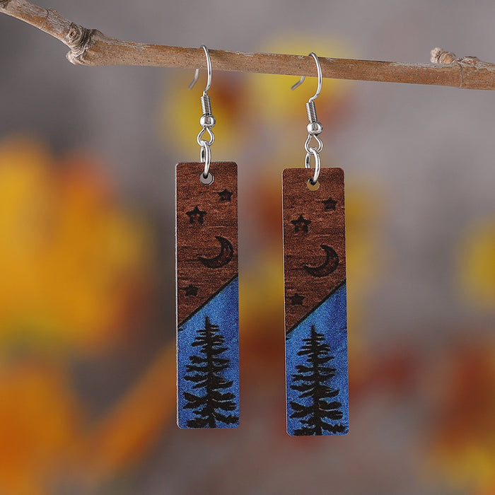 Wholesale Pine Tree Star Moon Rectangular Geometric Pendant Earrings Women' s Wooden Double-Sided Earrings