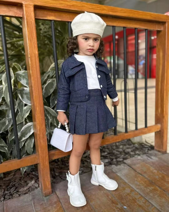 Wholesale Denim Skirt Preppy Style Long Sleeve Top Pleated Skirt Children's Set JDC-CTS-YaYaMi036