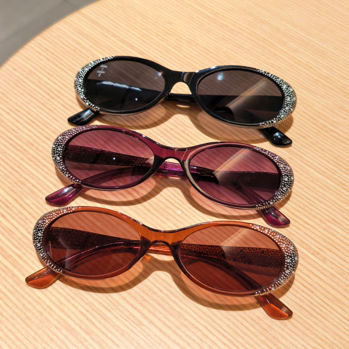 Wholesale Sunglasses for sun shading, travel, fashion, luxury, diamond studded oval frame, purple sunglasses