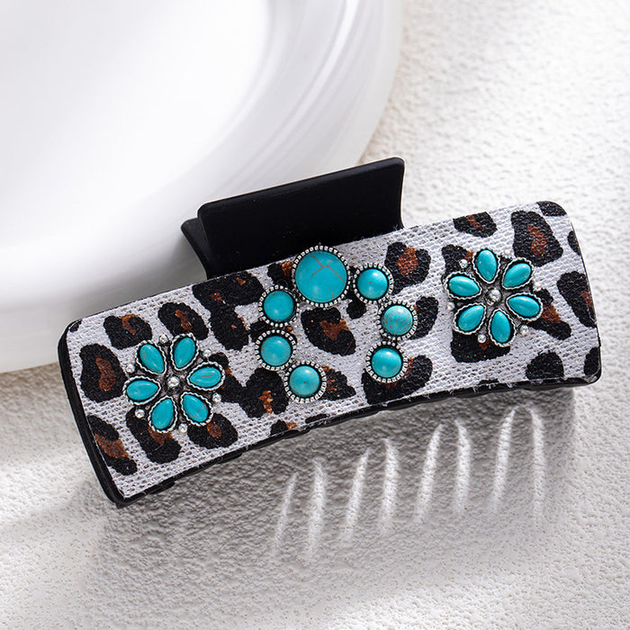 Wholesale Bohemian Turquoise Western Grabber Retro Leopard Sequin Leather Ethnic Style Shark Clip
