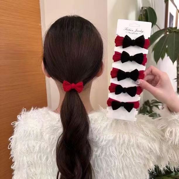 Wholesale New Year Red Bow Hair Cord Ponytail Seamless Thick High Elastic Hair Ring for Girls