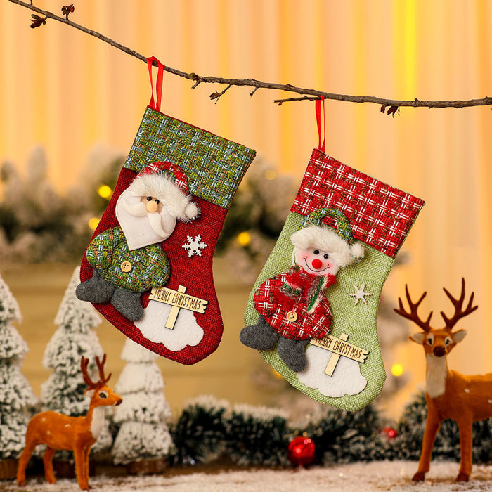 Wholesale Cross-Border New Small Linen Christmas Socks Wooden Sign Cartoon Christmas Socks Candy Bag Gift Bag Small Pendant