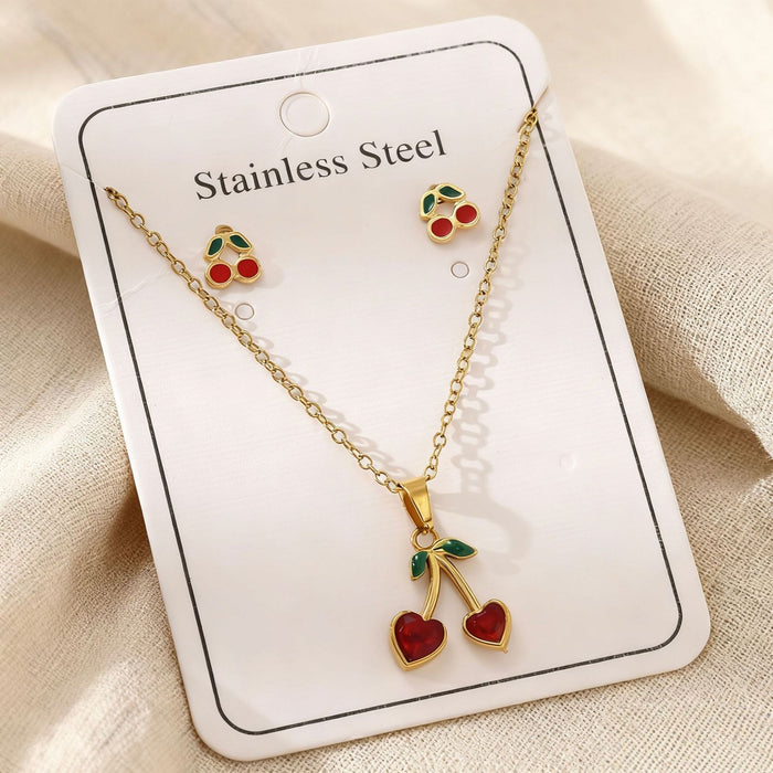 Wholesale 18K Gold Cherry Stainless Steel Earring and Necklace Set