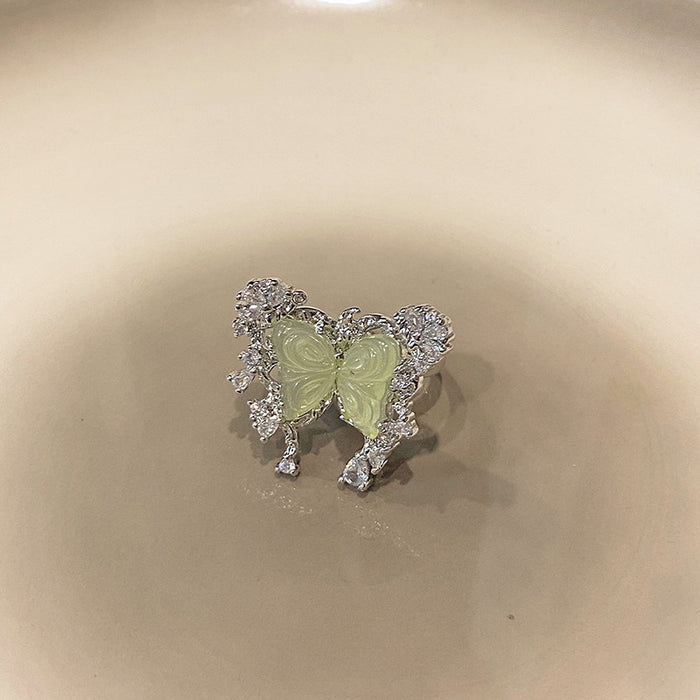 Wholesale Imitation Jade Marrow Butterfly Ring, Rotating Four Leaf Clover Flower Style, Stacked with Finger Ring