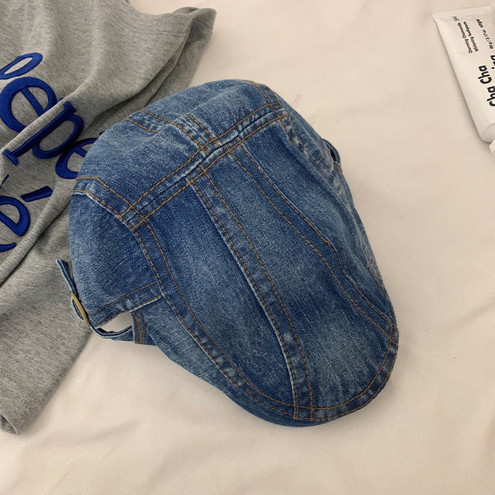 Wholesale Retro washed denim front versatile reverse ducktongue beret hat