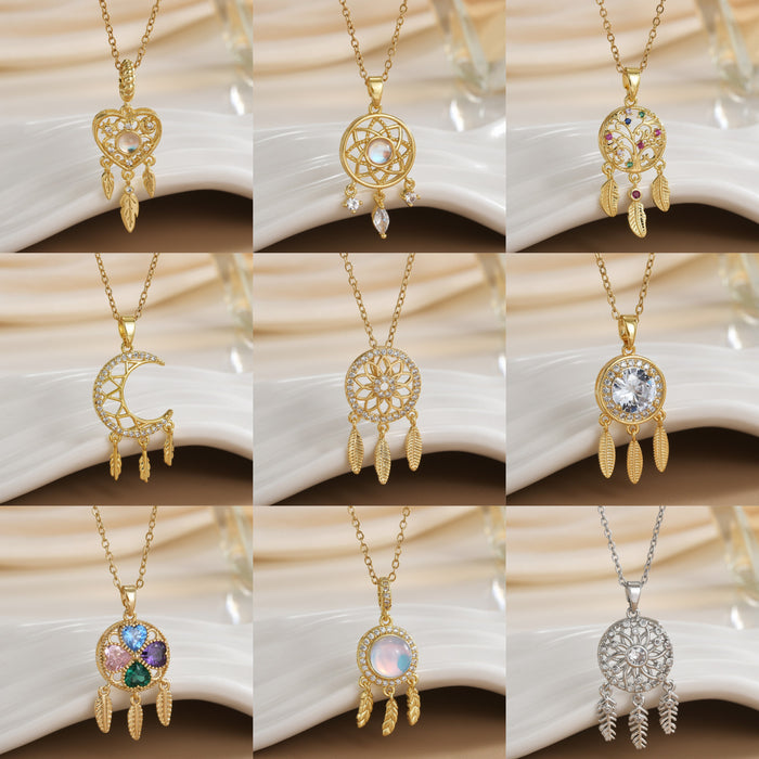 Wholesale Copper Gold Plated Dream Catcher Design Pendant Niche Necklace Women's Jewelry