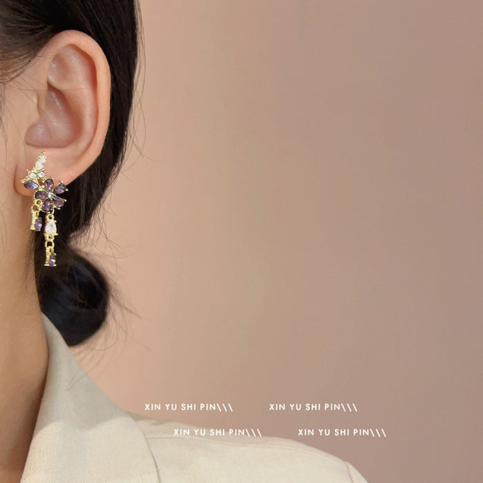 Wholesale Purple zircon flower pendant earrings, new niche design, fashionable earrings