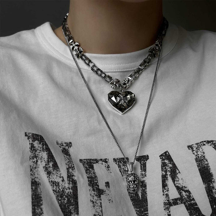 Wholesale Personalized and versatile skull pendant necklace with exaggerated layering, metal heart cross, men's necklace