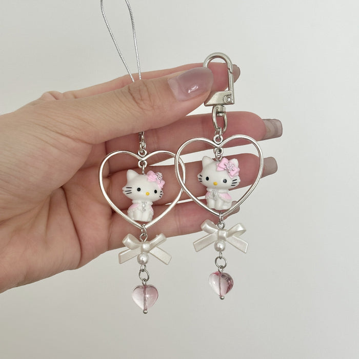 Wholesale Cute Cat Love Beaded Mobile Phone Chain Goo Ben Chain Keychain Bow Pendant