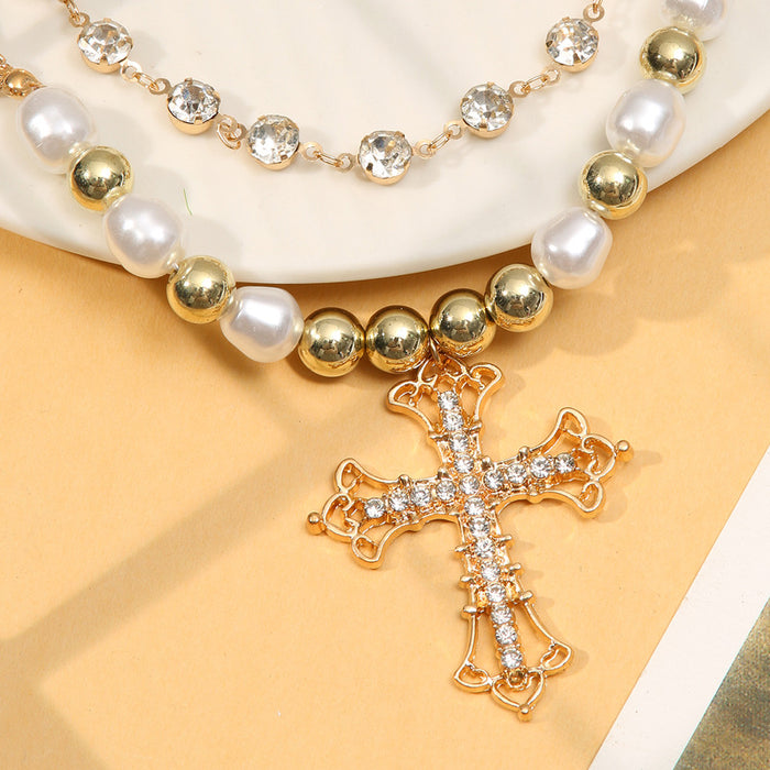 Wholesale Cross Pendant Vintage Pearl Alloy Necklace JDC-NE-ChaoK001