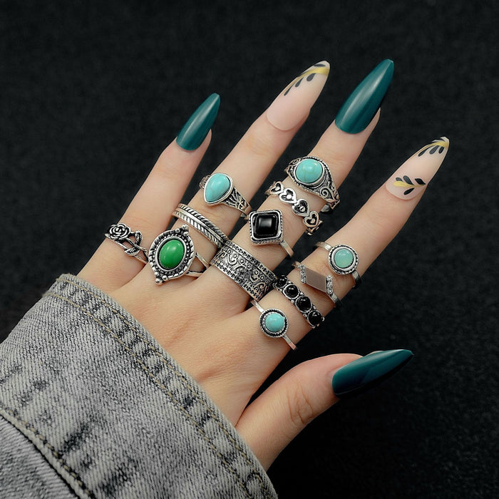 Wholesale Ethnic Style Retro Turquoise Carved Feather Ring Fashionable and Personalized 8-Piece Combination Ring Set