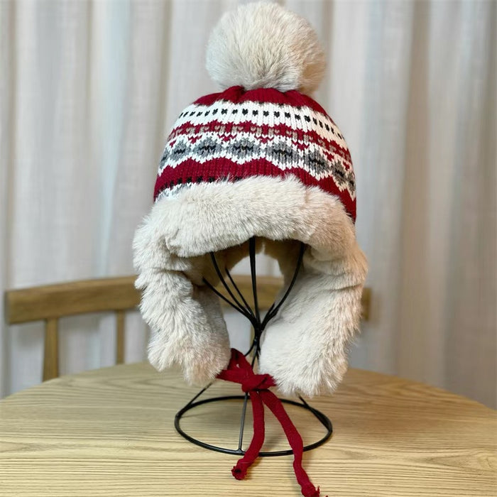 Wholesale Women's autumn and winter knitted woolen hat with warm ear protection and plush snow hat for cold protection