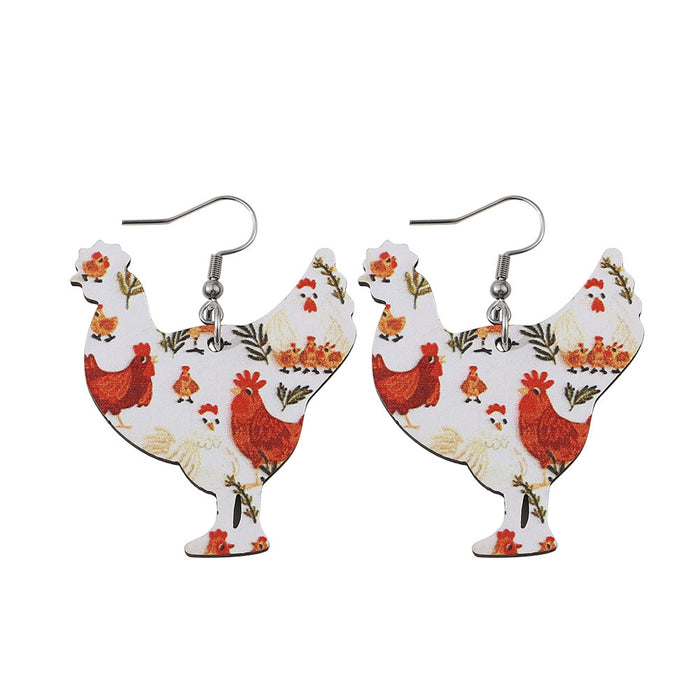 Wholesale Cute Chicken Lover Earrings Farm Animal Earrings Personalized Double-Sided Wooden Round Earrings