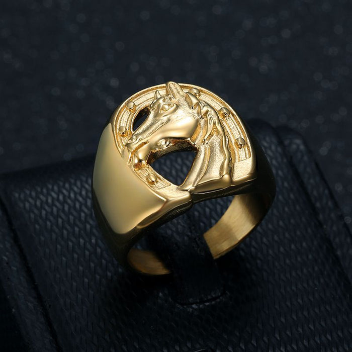 Wholesale Titanium Steel Vacuum Gold-plated Horse Head Men's Rings JDC-RS-HongX021