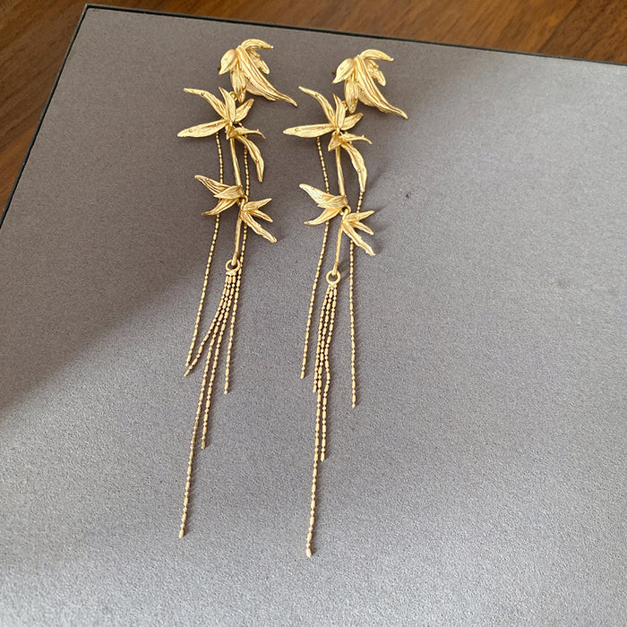 Wholesale Silver needle bamboo leaf tassel earrings new Chinese style fashion temperament niche cold style earrings light luxury high-end earrings for women