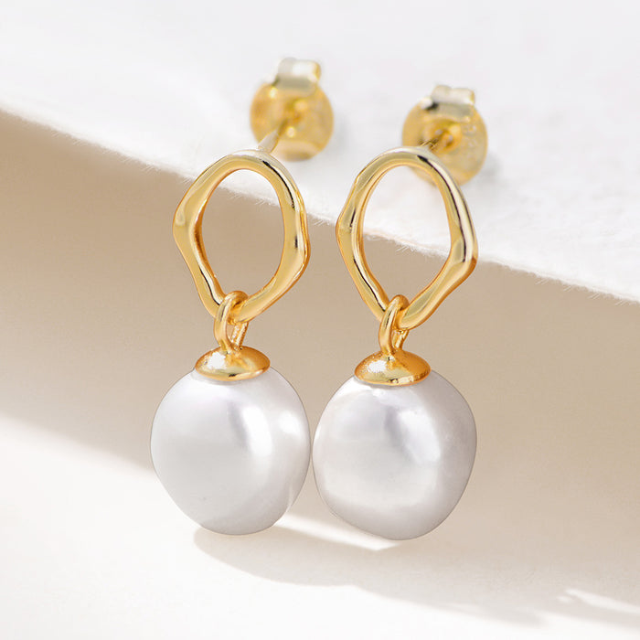 Wholesale S925 Sterling Silver Fashionable Simple Geometric Natural Baroque Pearl Earrings