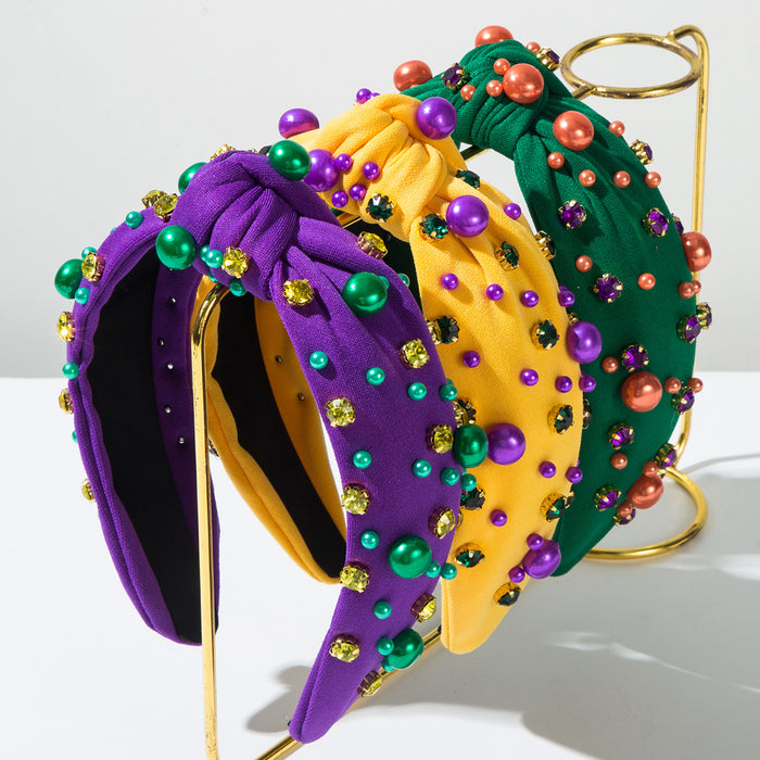 Wholesale Valentine' s Day pearl and rhinestone headband with knotted fabric design