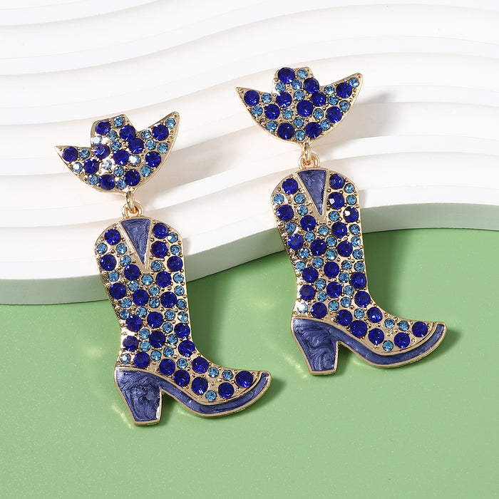 Wholesale Western denim style alloy with colored diamond earrings boots dripping oil