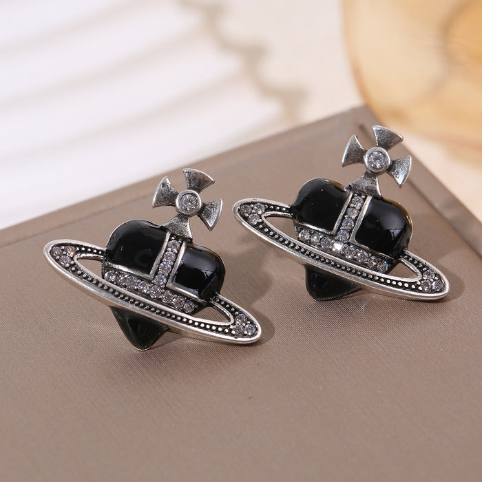 Wholesale Three-color oil-drop heart Saturn micro-inlaid zircon earrings