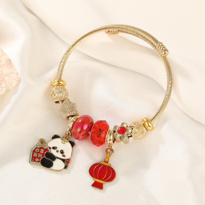 Wholesale Stainless Steel Cartoon Panda Bracelet with Red Lantern Pendant MOQ≥2