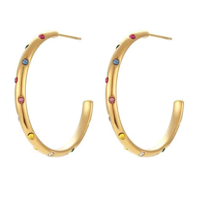 Wholesale   Stainless Steel C-shaped Colorful Zirconia Earrings White Zirconia Hoop Earrings  Women's Jewelry