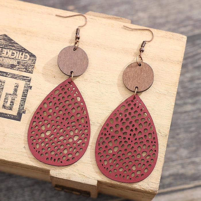 Wholesale Vintage hollowed out spider web spliced wood veneer earrings and earrings