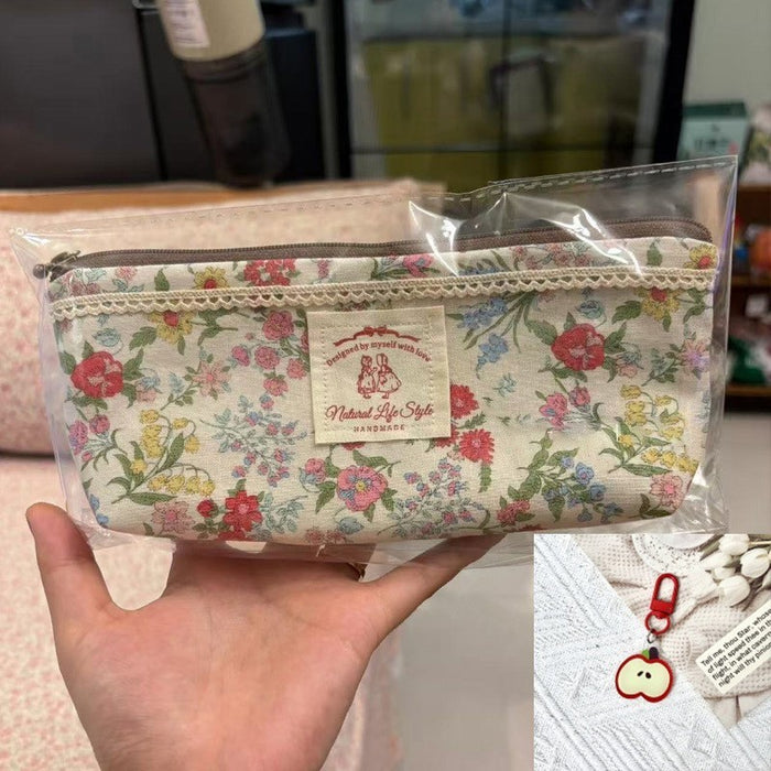 Wholesale Canvas Cream Floral Pencil Case Large Capacity Makeup Bag