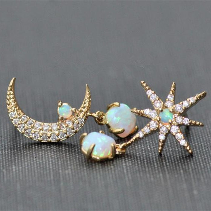 Wholesale Moon Sun Asymmetric Diamond studded Opal Sparkling Alloy Earrings