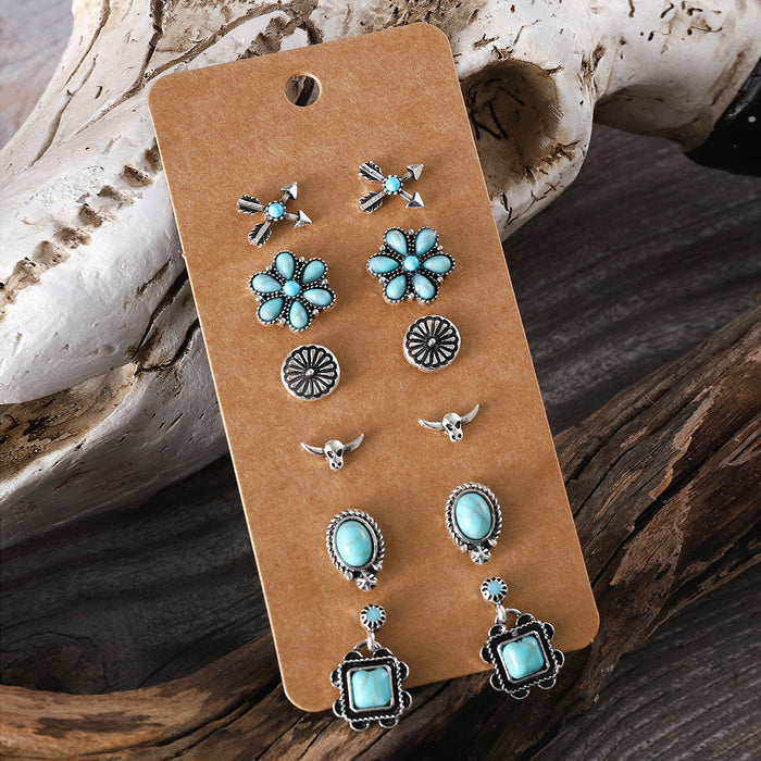 Wholesale cute sweet turquoise earrings suit fashion round bead flower cat claw ear jewelry