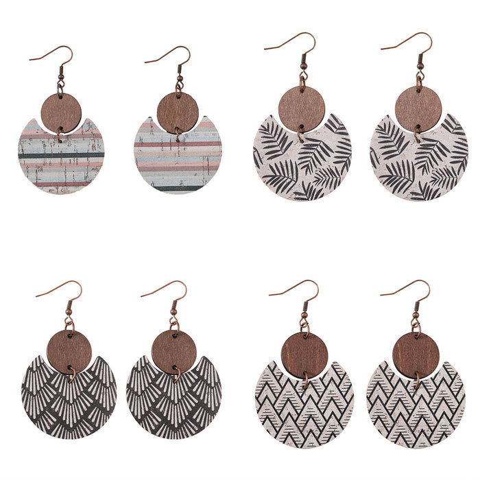 Wholesale Bohemian distressed floral and leaf-printed leather and wood ing pendant earrings double-sided earrings