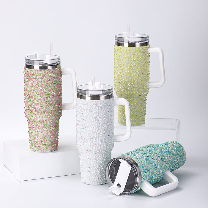 Wholesale Stainless steel pearl insulation cup,  large capacity,  pearl inlaid car cup,  40oz handle,  straw sticker,  diamond ice cup