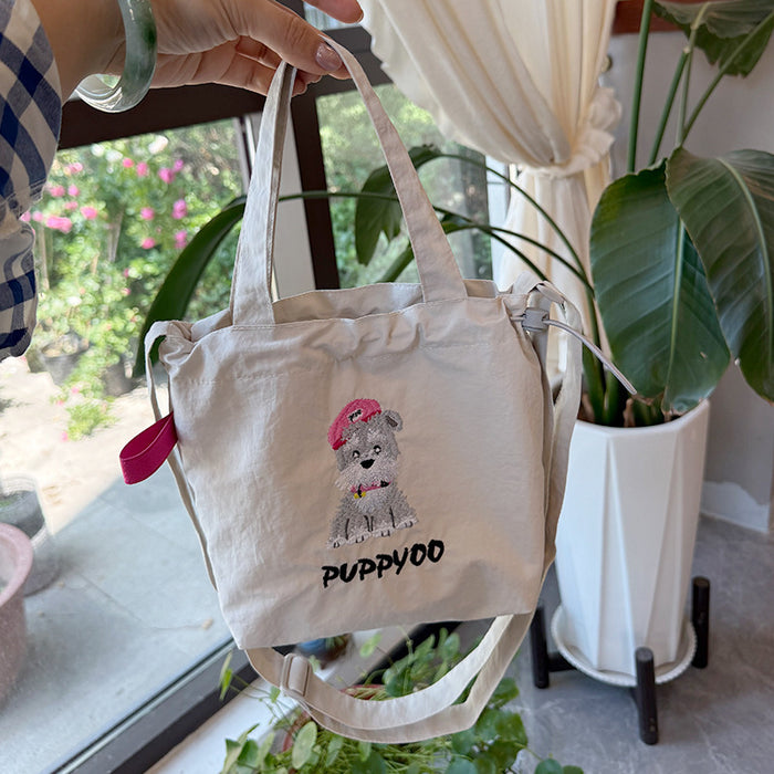 Wholesale New single shoulder canvas bag, cute cartoon embroidered crossbody bag, casual large capacity drawstring tote bag