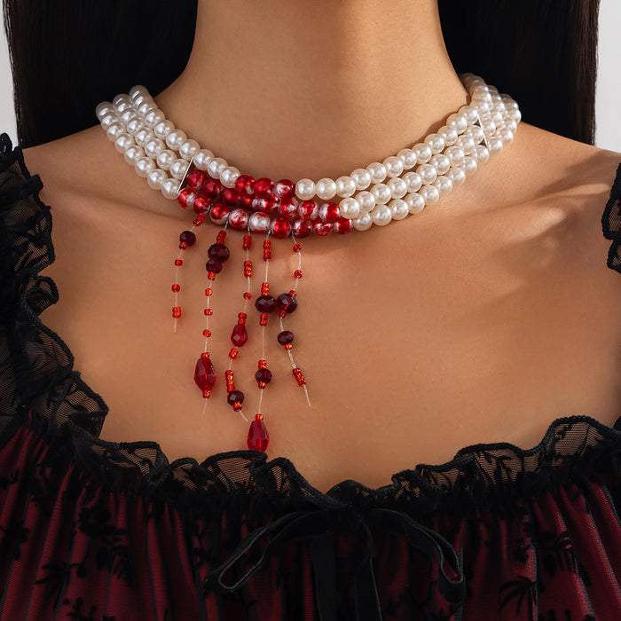 Wholesale jewelry round beads necklace vintage gothic style blood drop tassel imitation pearl necklace