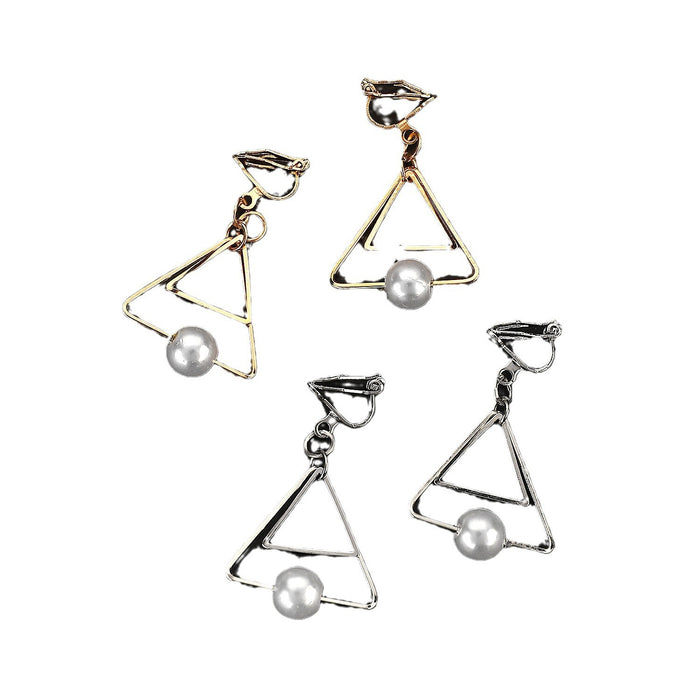 Wholesale Fashionable double triangle pearl earrings with multi-layer geometric ear clips