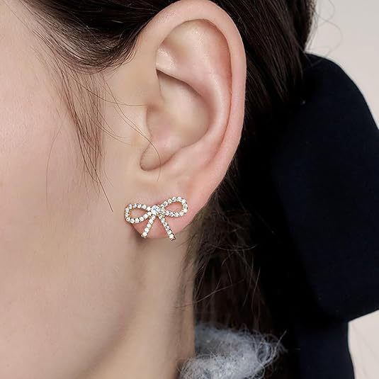 Wholesale Fashionable and cute earrings with versatile personality, compact and exquisite diamond studded bow earrings