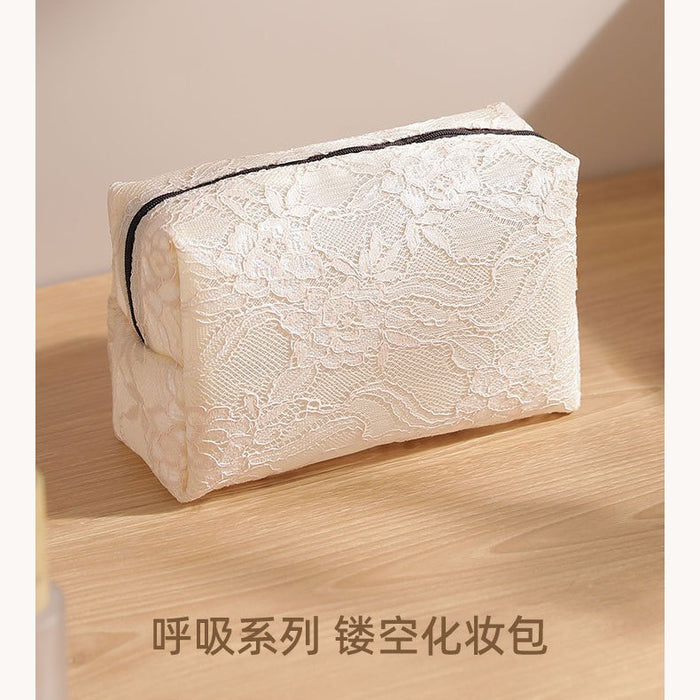Wholesale Lace Mesh Makeup Bag Large Travel Cosmetic Organizer Stylish Beige