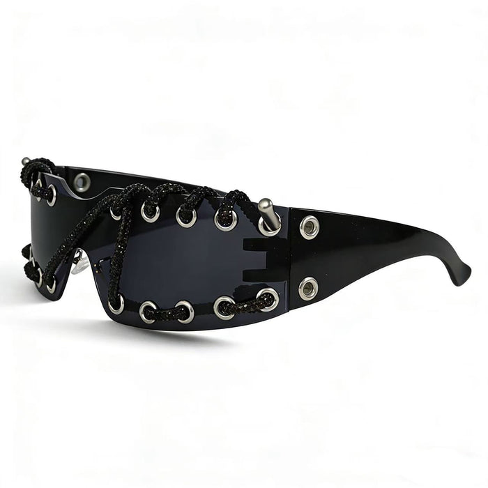 Wholesale Cyberpunk Rimless Rhinestone Sunglasses with Metal Rings and Rivets