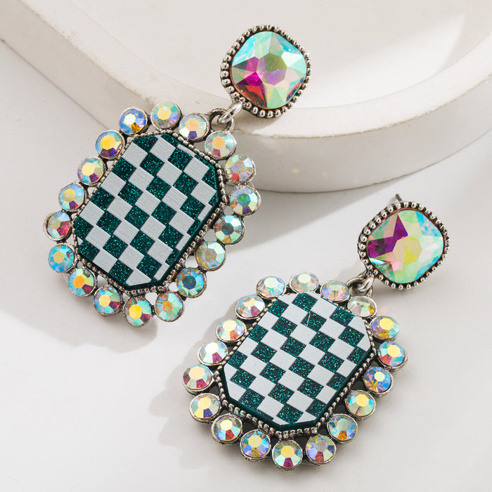 Wholesale Rhinestone-studded checkered alloy square stud earrings